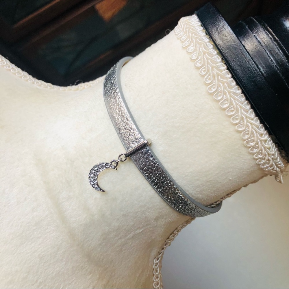 Jessica Simpson silver leather sparkle moon choker necklace